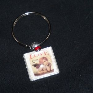 NEW Love Vintage postage stamp key ring swarovski